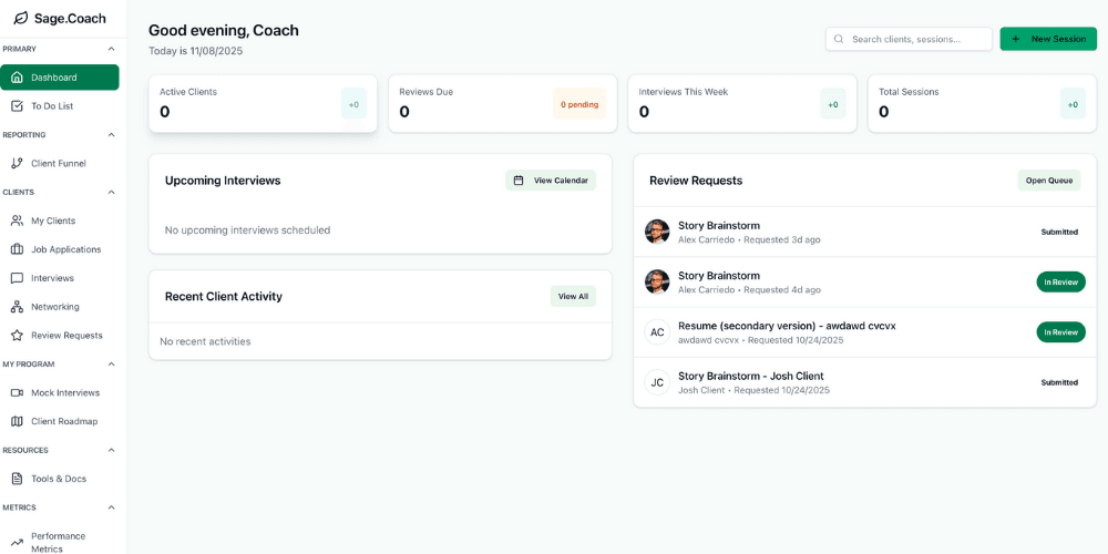 Sage dashboard showing client roadmaps, session tracking, and progress management