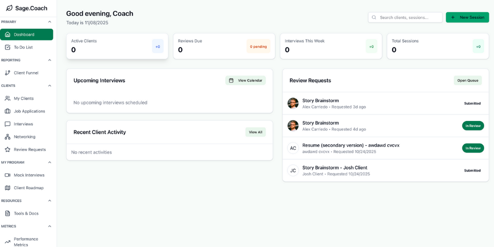 Sage dashboard showing client roadmaps, session tracking, and progress management